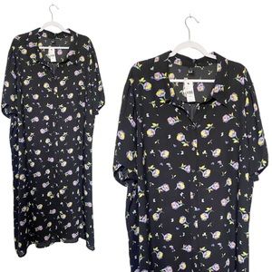 Lane Bryant Floral Print Shirt Dress Midi Length Boho Black/Purple Sz 30/32 NWT